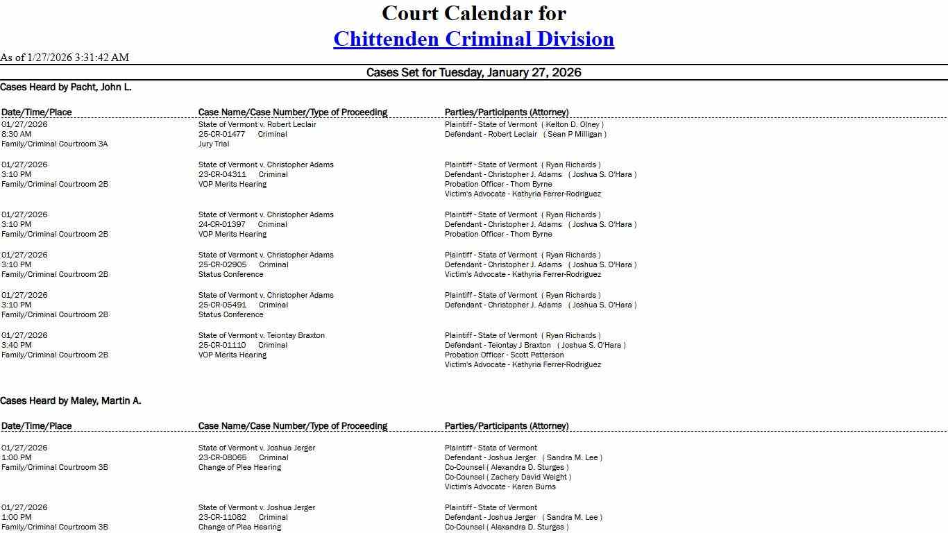 Chittenden Criminal Division Calendar