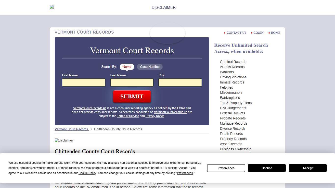 Chittenden County Court Records VermontCourtRecords.us