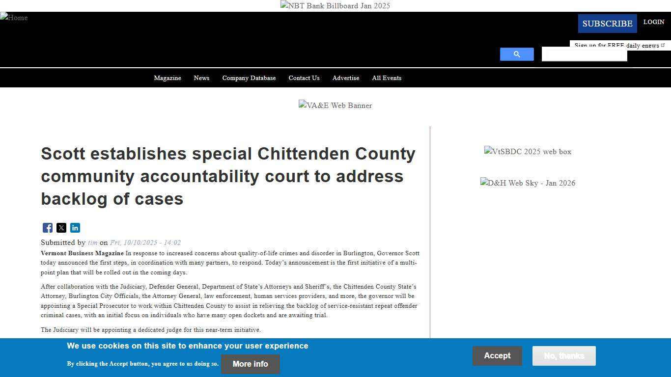Scott establishes special Chittenden County community accountability court to address backlog of cases Vermont Business Magazine