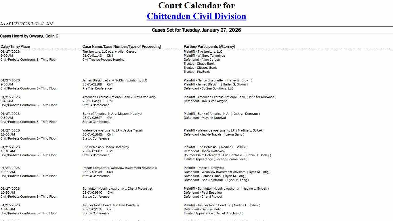 Chittenden Civil Division Calendar